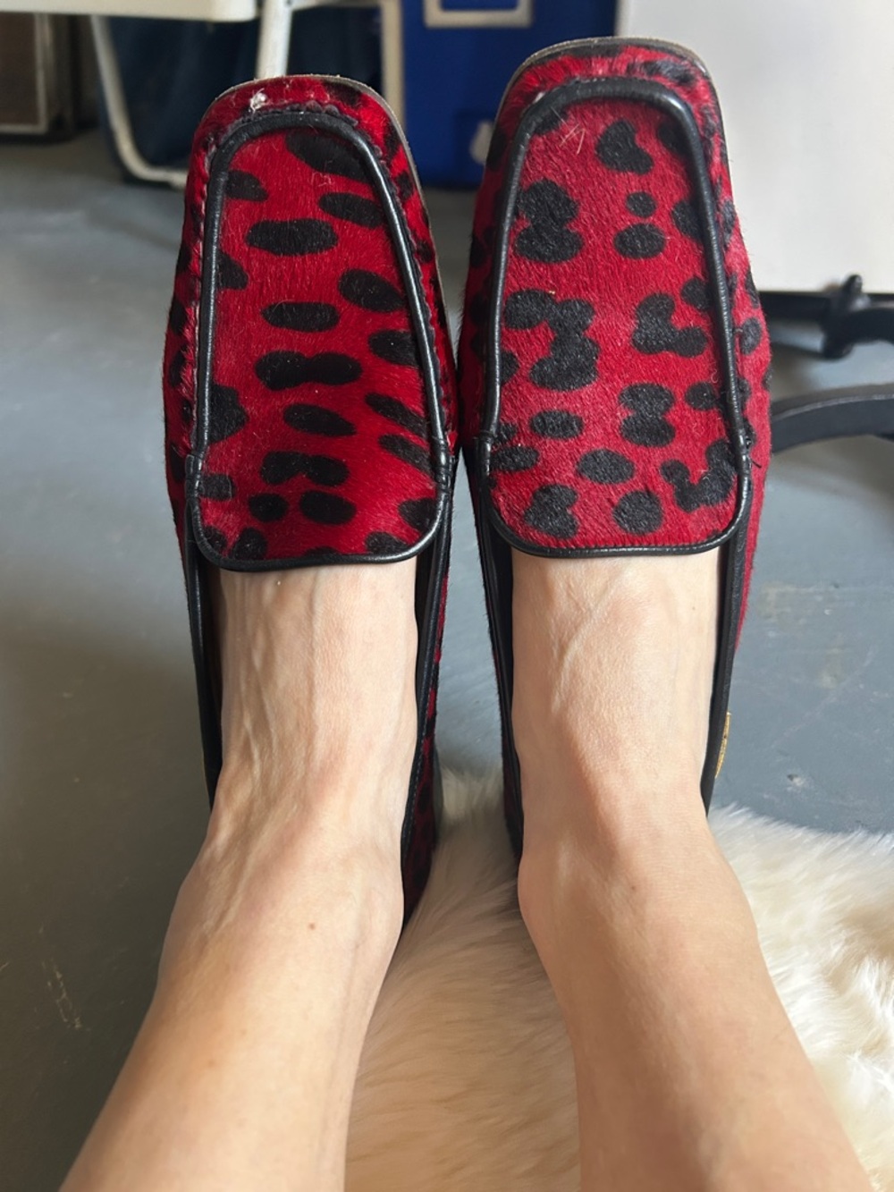 Escada Red and Black Leopard Print Loafers